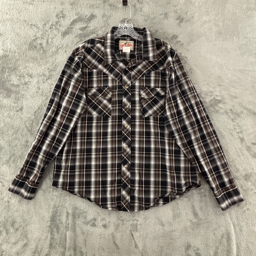 Wrangler Western Snap Shirt Mens XL Brown‎ Black Plaid Long Sleeves Cowboy